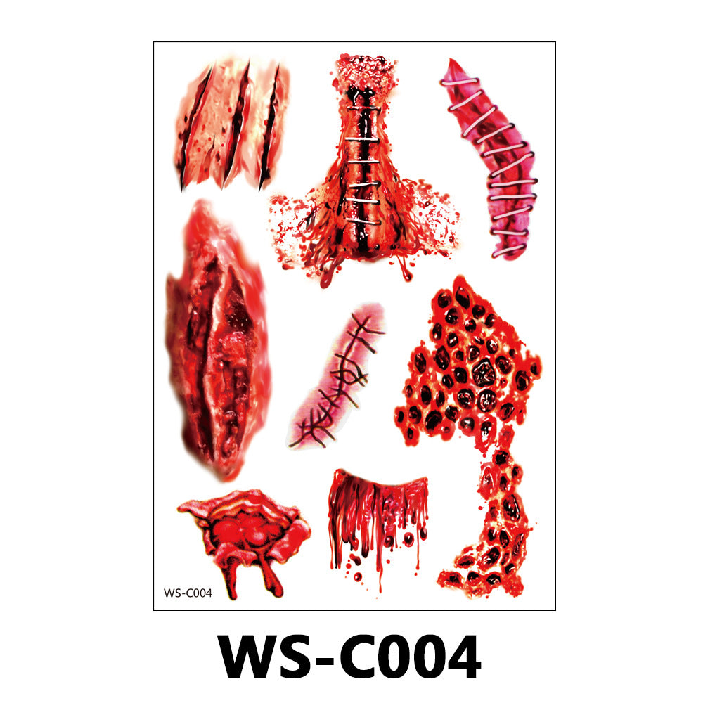 A sheet of special effects makeup prosthetics featuring various realistic bloody wounds, lacerations, stitches, and gashes, labeled with the code WS-C004.