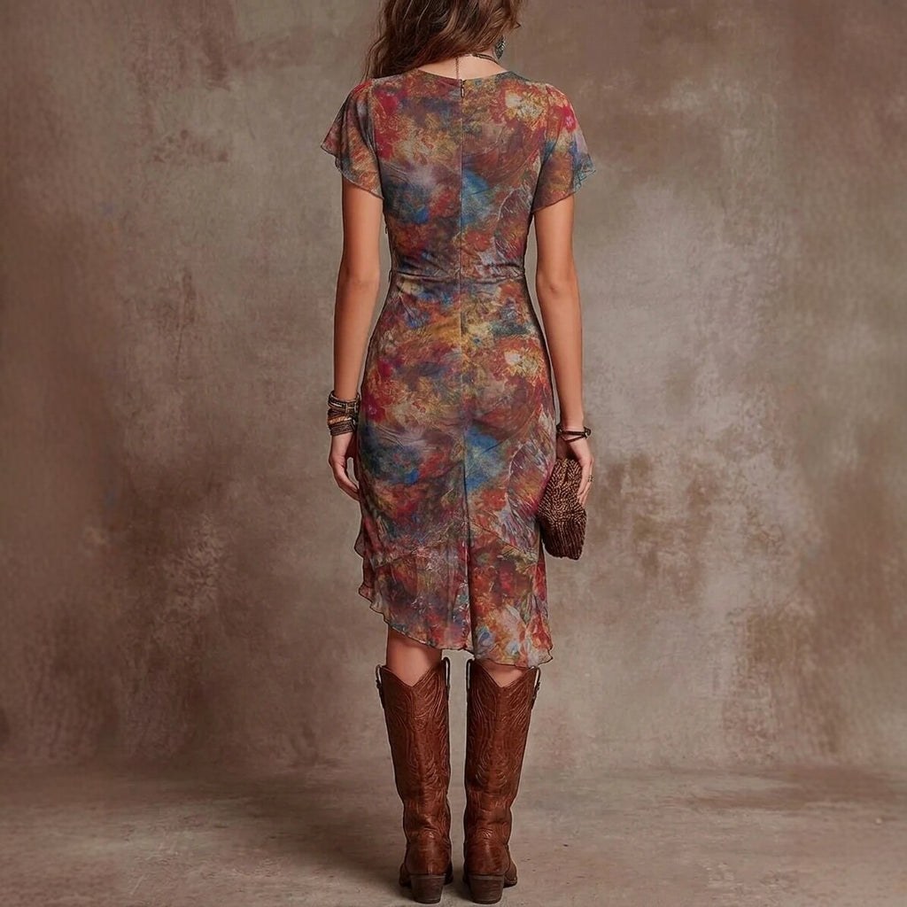 Women's Slim Fit Printed V-Neck Defined Waist Midi Dress