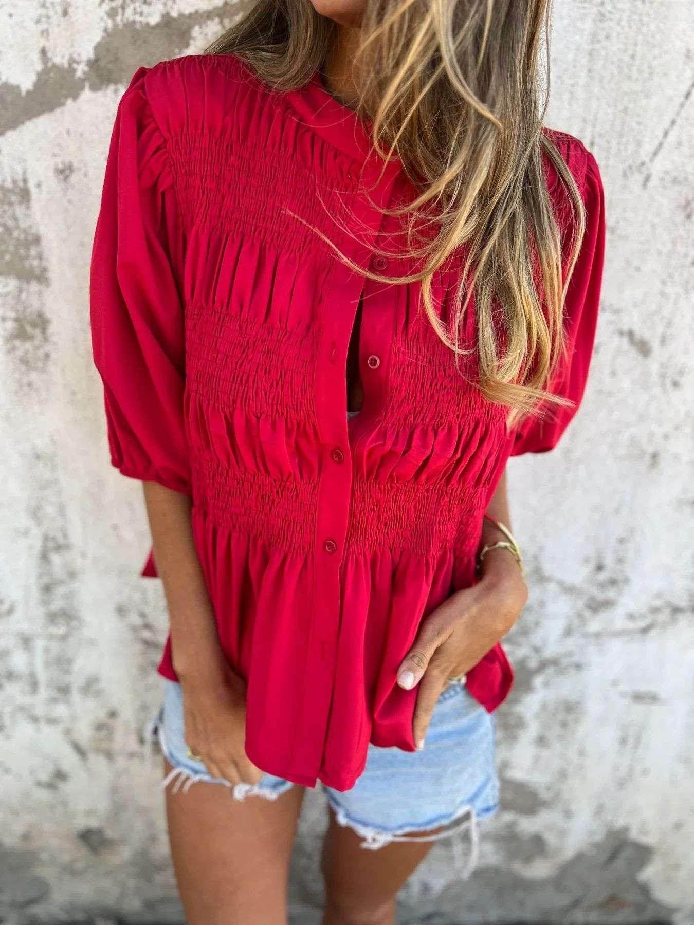 Pleated Button Casual Summer T-shirt for Women - ZA-Zola
