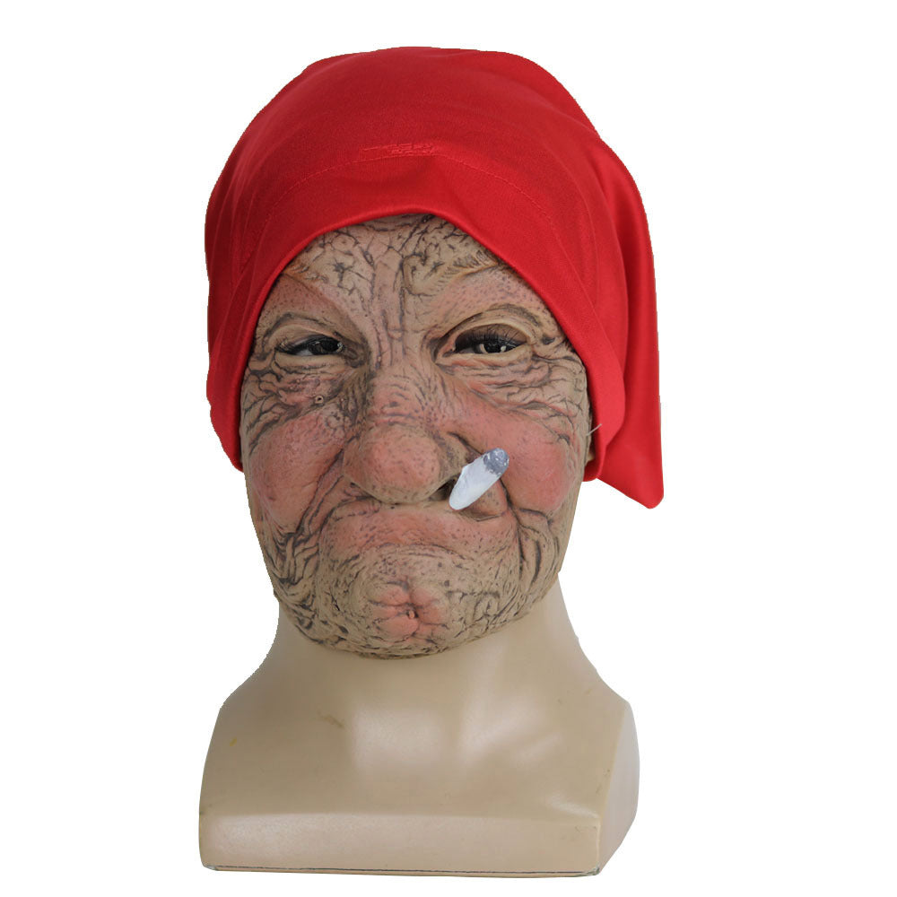 Mask with a red hood and detailed face on a white background