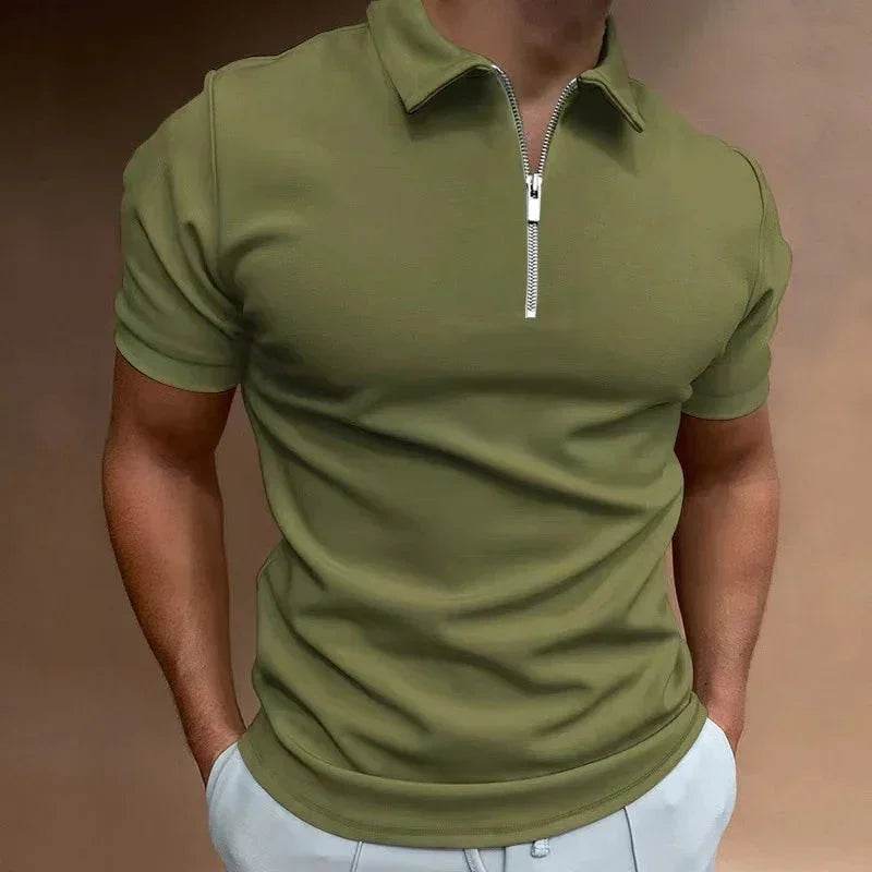 Men's olive green short sleeve zip polo shirt from ZA-Zola, trendy UK fashion apparel