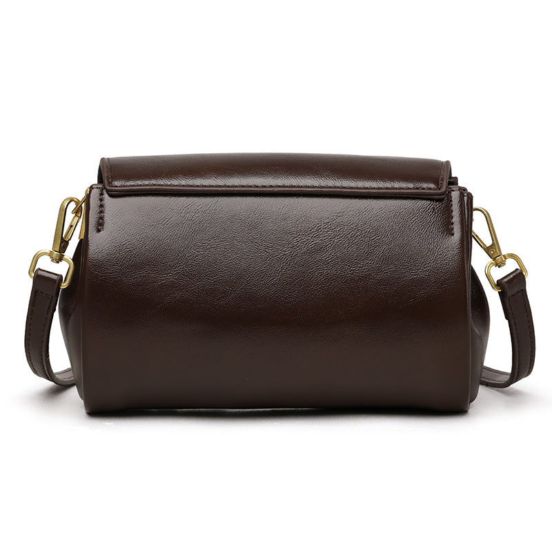 Brown leather handbag with gold hardware on a white background