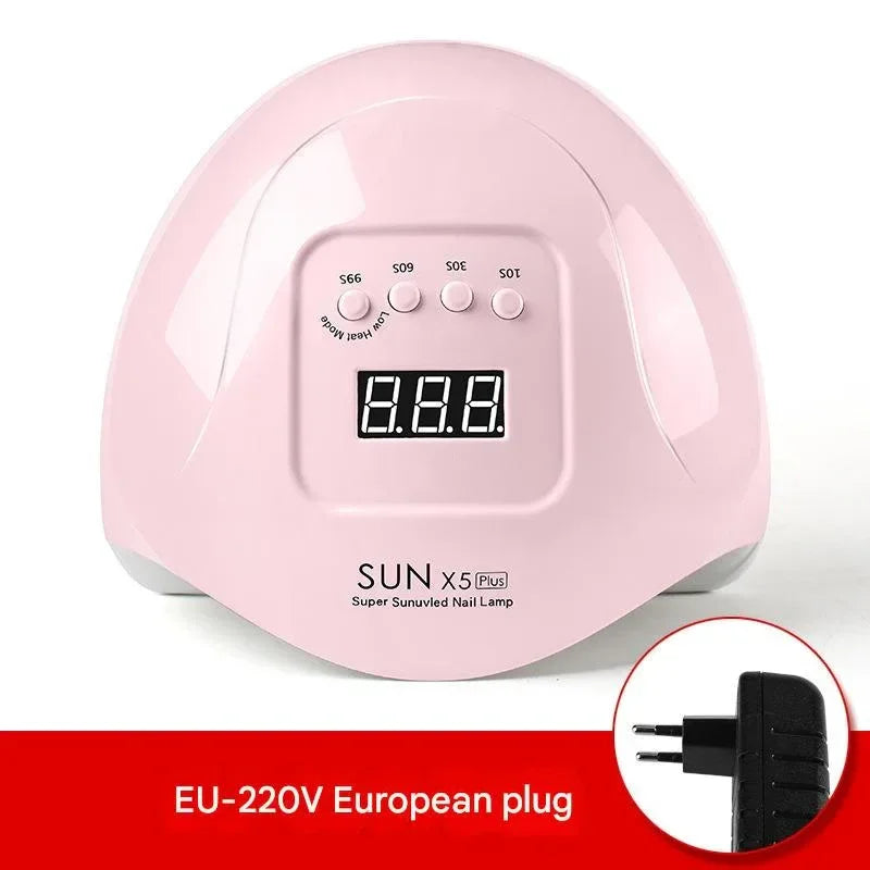 Pink SUN X5 Plus UV LED nail lamp with digital display and European 220V plug for gel polish.