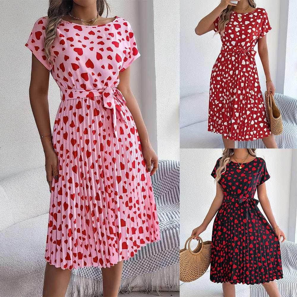 Pleated Heart Print Casual Dress – Mid Length - ZA-Zola