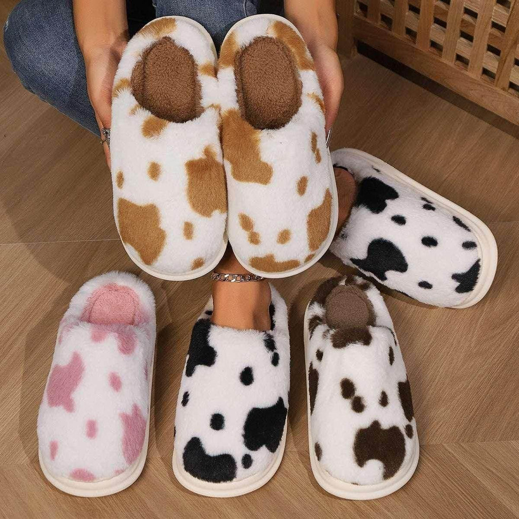 Cow Spotted Plush Slippers – Cozy Winter Warmth - ZA-Zola