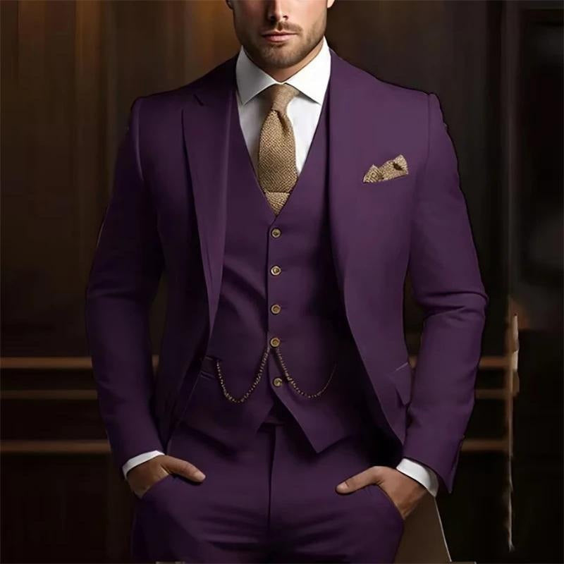 Man wearing a purple suit with a white shirt and patterned tie against a dark background