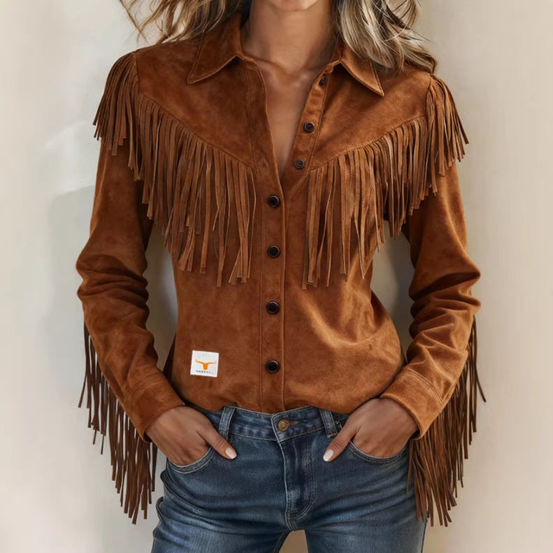 Brown suede fringe jacket worn by a person against a neutral background