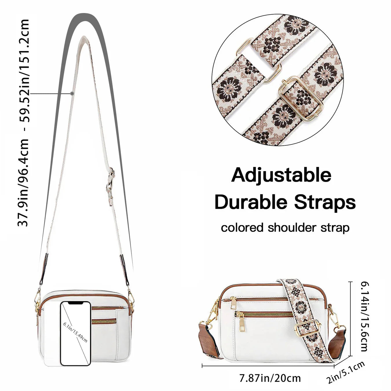 White handbag with adjustable floral strap, measurements, and product name on a white background