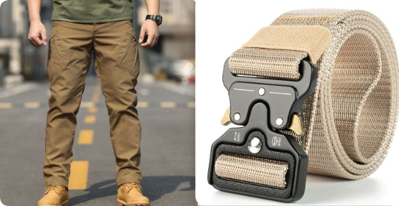 Person wearing brown pants with a tactical belt on a street and close-up of the belt.