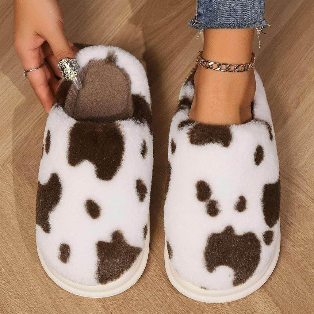 Cow Spotted Plush Slippers – Cozy Winter Warmth - ZA-Zola