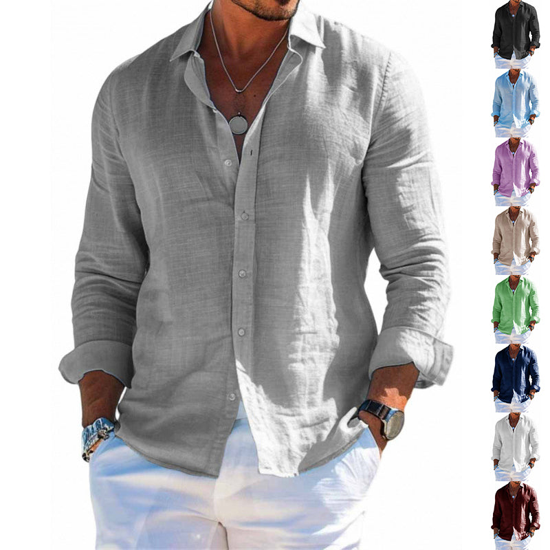 Man wearing a gray linen shirt with multiple color options displayed.