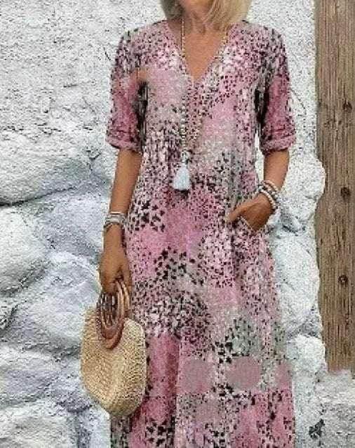 Ethnic Print V-Neck Summer Dress with Pockets - ZA-Zola