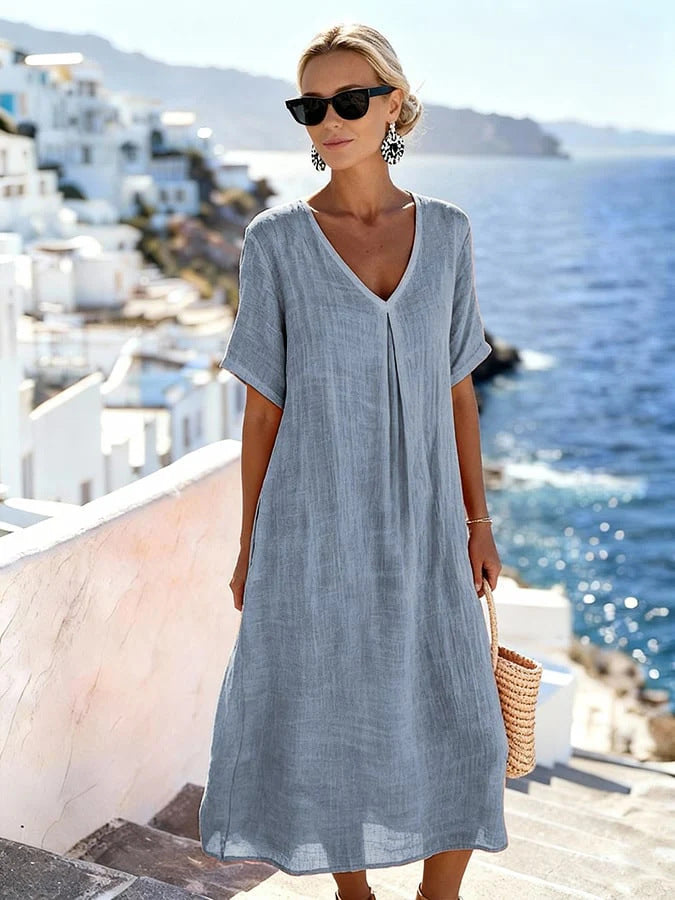 Casual Loose Fit V Neck Floor Length Dress Women Short Sleeve Solid Color Relaxed Cotton Linen Style Maxi Dress