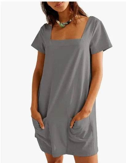 Square Collar Casual Short Dress with Pockets - ZA-Zola