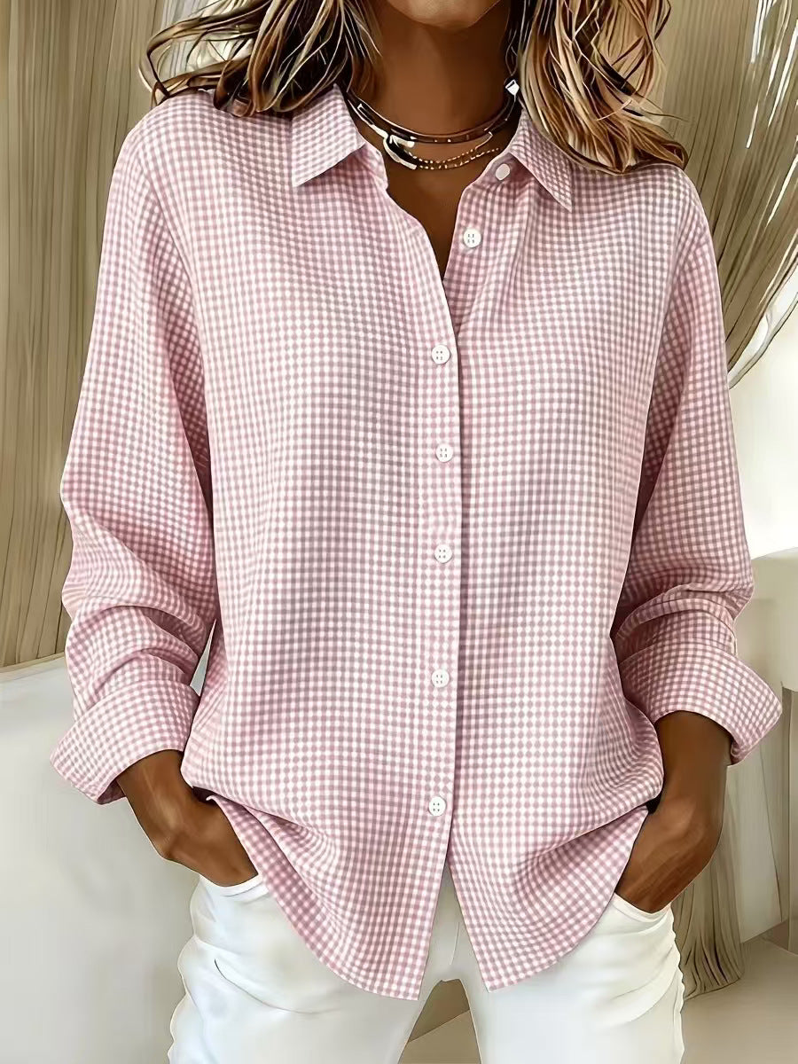 Lapel Collar Long Sleeve Plaid Shirt | Cotton Linen