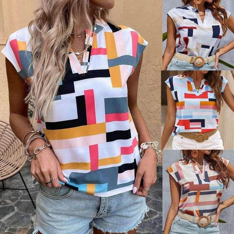 Digital Print V-Neck Doll Sleeve Top for Women - ZA-Zola