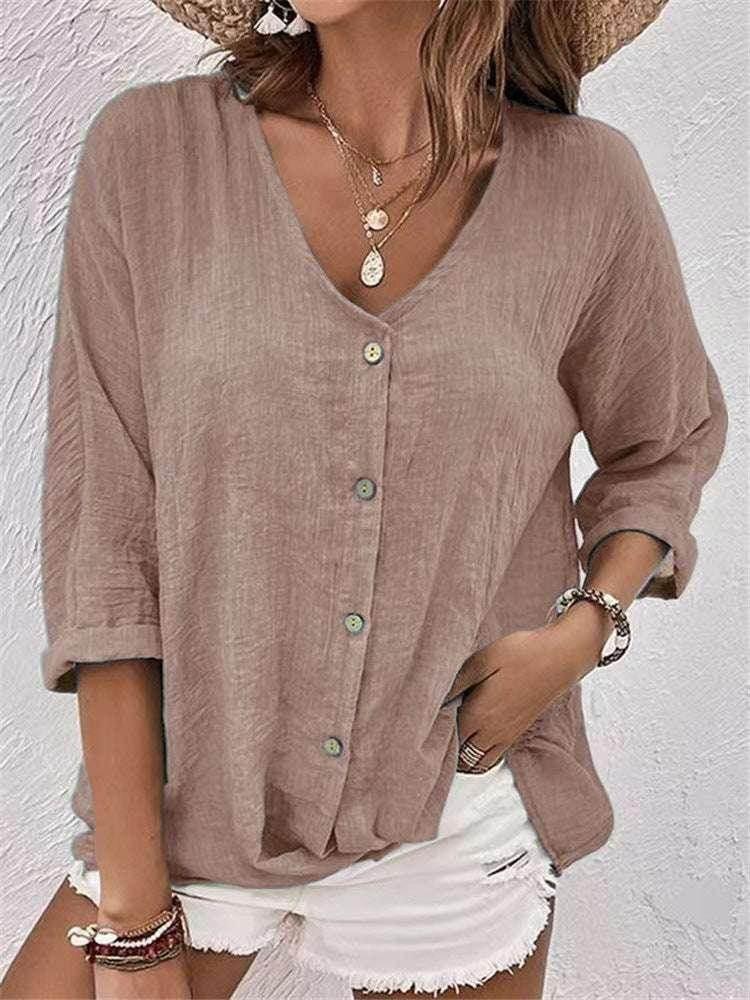 Casual V-Neck Button Top – Loose Fit for Women - ZA-Zola