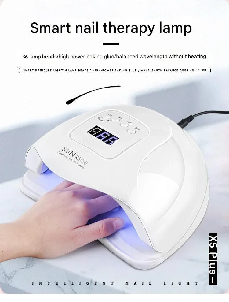 Smart nail therapy lamp with digital display curing a hand, UV LED nail dryer for manicures
