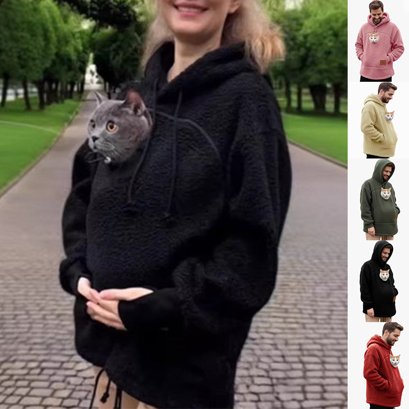 A woman outdoors wearing a black sherpa hoodie with a cat printed on the front, with a vertical strip of smaller color variants on the right showing the hoodie in beige, green, black, and red.