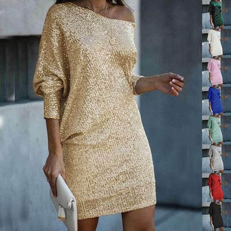 Oblique Shoulder Sequin Party Dress - ZA-Zola