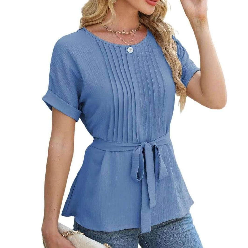 Ruffled Pleated Round Neck Short Sleeve Shirt - ZA-Zola