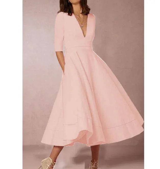 Retro 60s V-neck Swing Dress with Sleeves - ZA-Zola