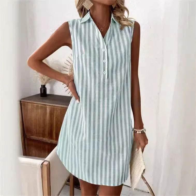 Striped V-Neck Sleeveless Shirt Dress – Cotton - ZA-Zola