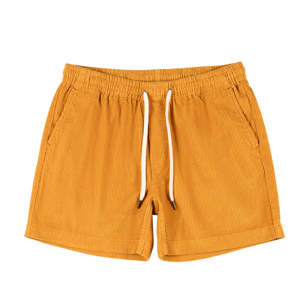 Yellow corduroy shorts with a drawstring on a white background