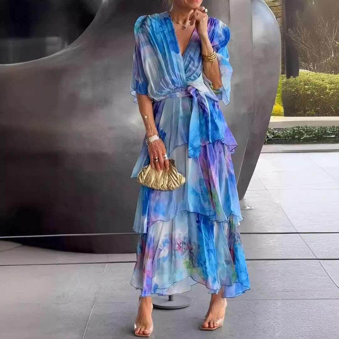 Layered Chiffon Printed Long Dress – Blue - ZA-Zola