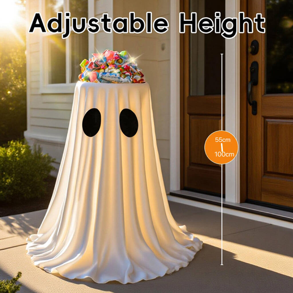 Halloween-themed ghost decoration with adjustable height feature on a porch.