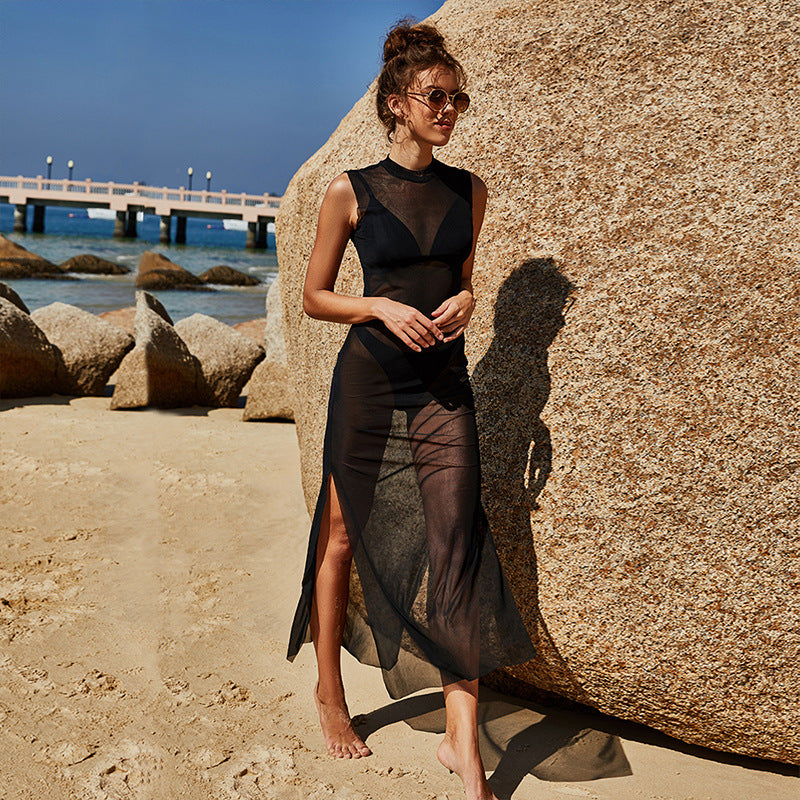 Women Sleeveless V Neck Beach Blouse Black Top | ZA-Zola