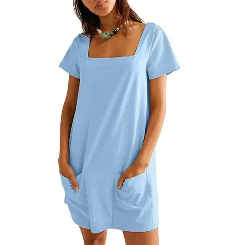 Square Collar Casual Short Dress with Pockets - ZA-Zola