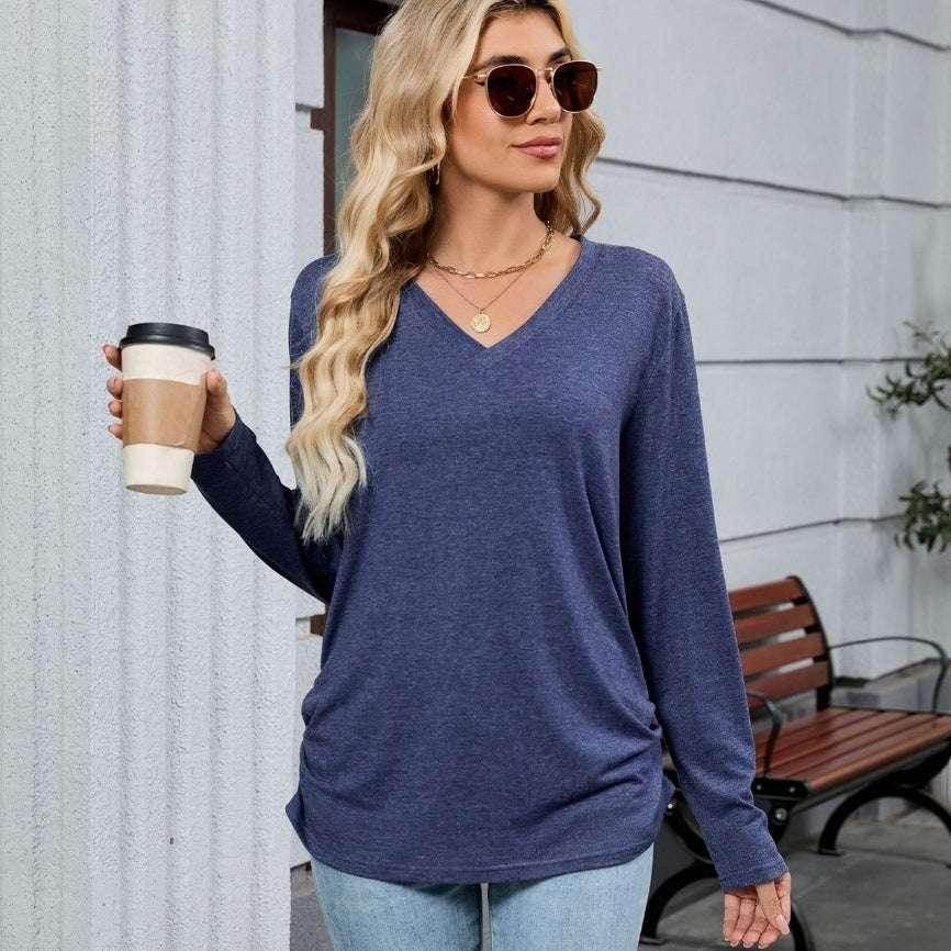 Loose V-Neck Pullover Long Sleeve T-Shirt - ZA-Zola