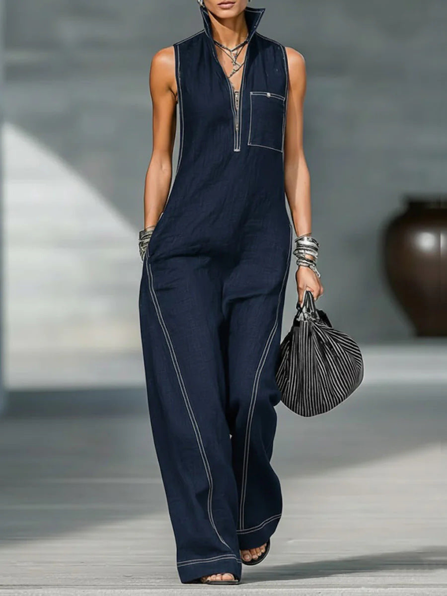 Stand-Up Collar Jumpsuit With Pockets – Casual Sleeveless Wide Leg Summer Women Outfit