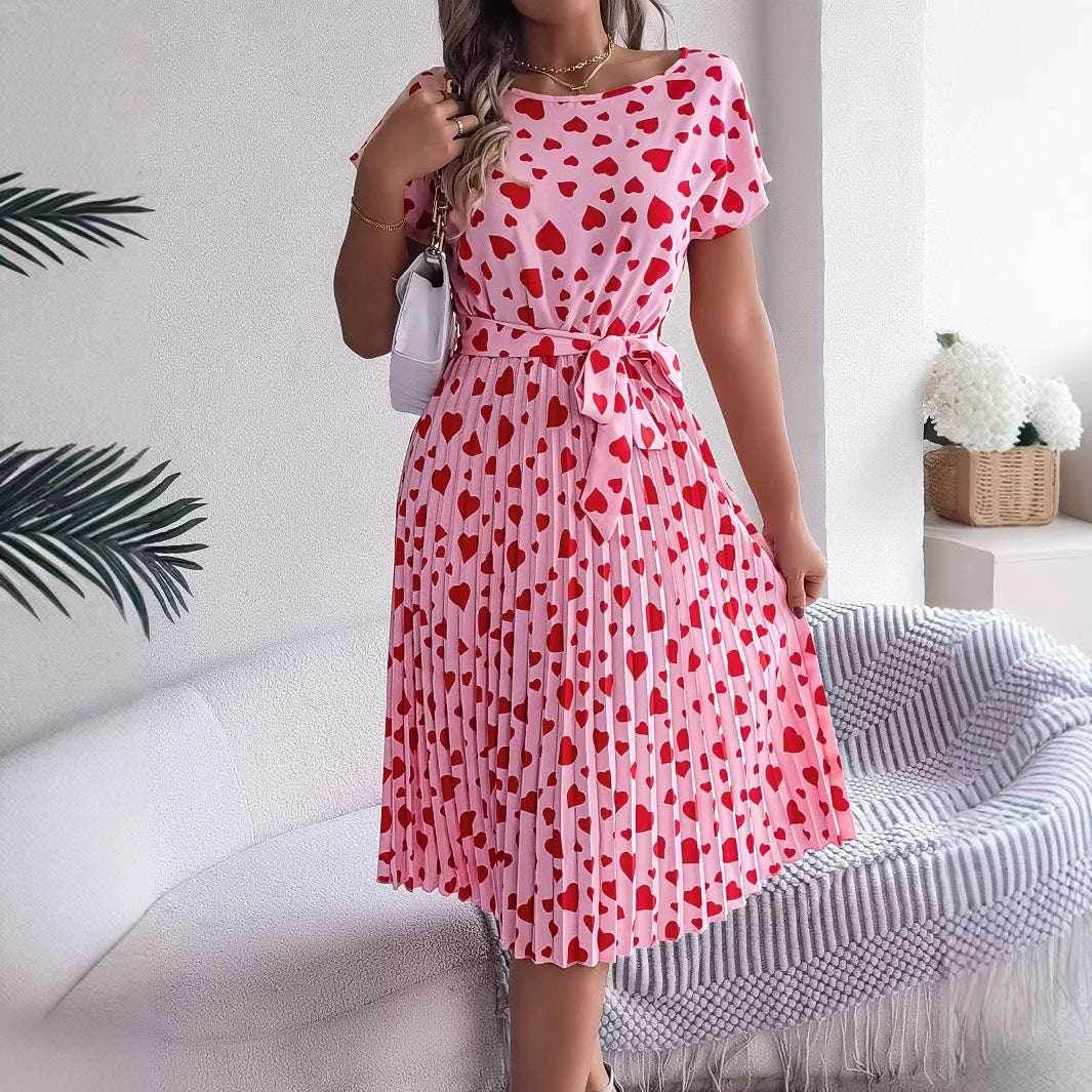 Pleated Heart Print Casual Dress – Mid Length - ZA-Zola