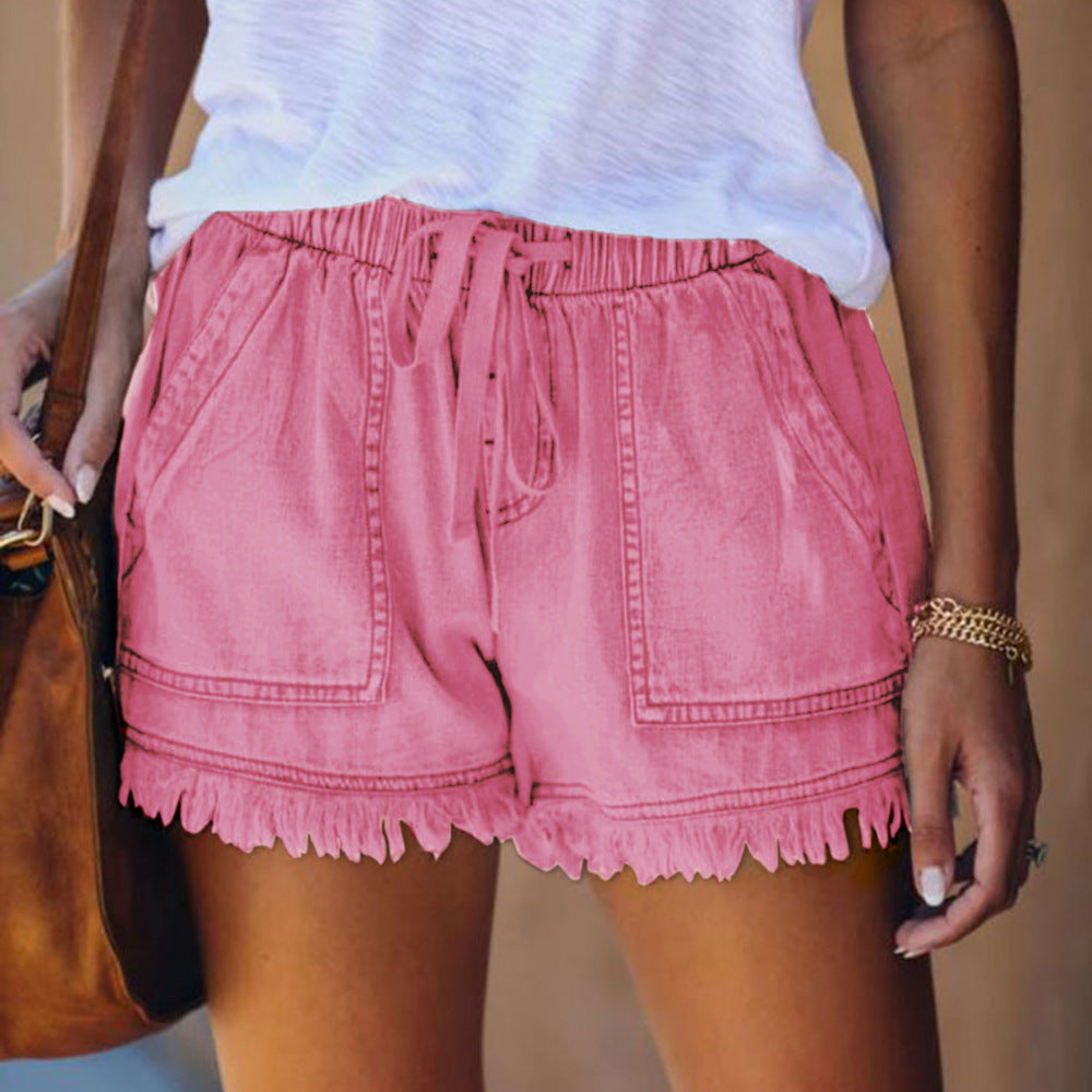 Women's Fringed Denim Shorts Casual Summer Outfit Ideas