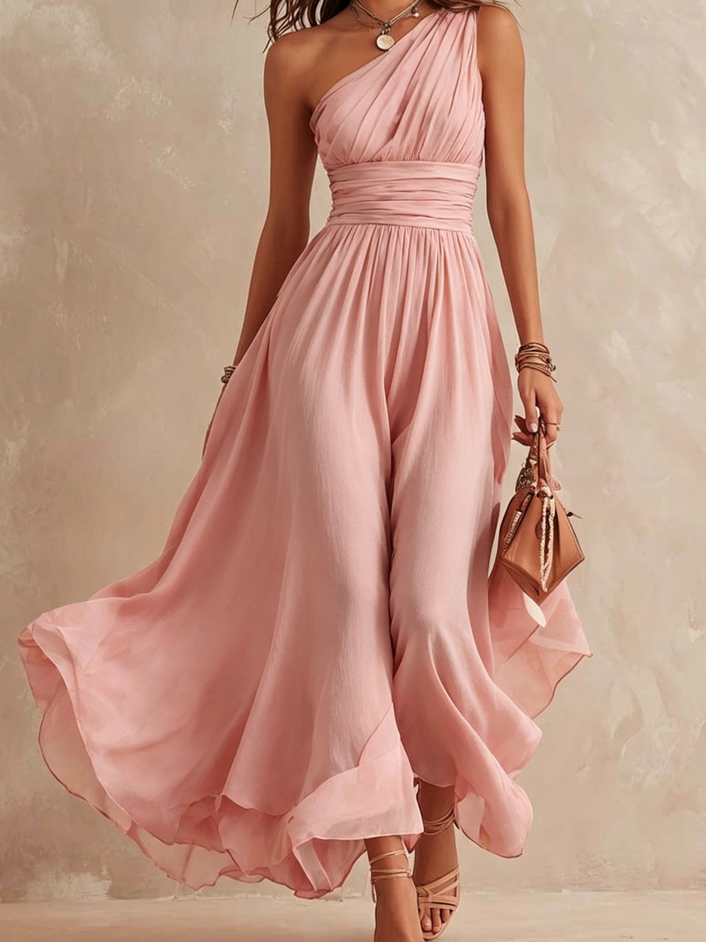 A woman models a flowing one-shoulder maxi dress in a soft dusty pink color, paired with a matching structured handbag and strappy heels, set against a textured beige studio backdrop.