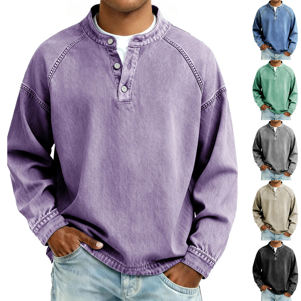 Purple long-sleeve shirt worn by a person with color swatches of other shirts displayed below.