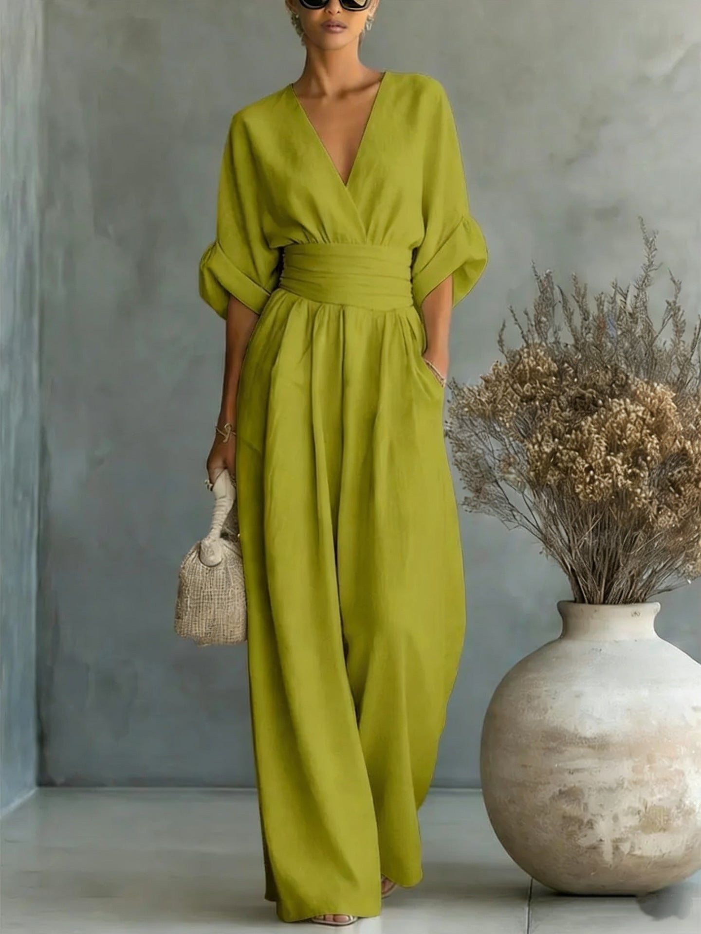 V Neck Wide Leg Jumpsuit – Short Sleeve Elegant Summer Casual Women Outfit