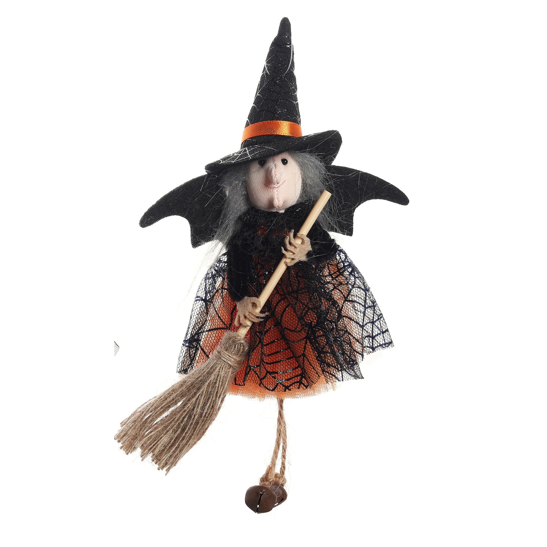 Halloween-themed witch figurine with a broom on a white background