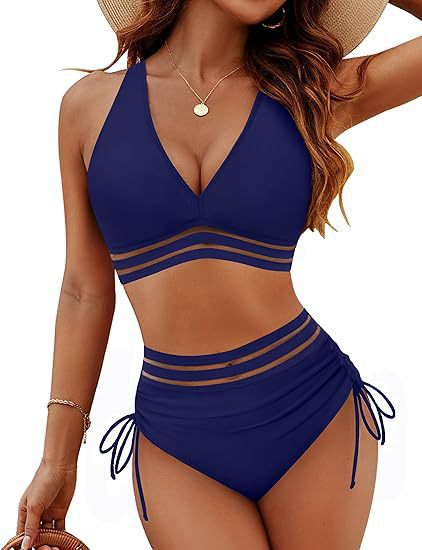 Blue bikini set worn by a model on a white background