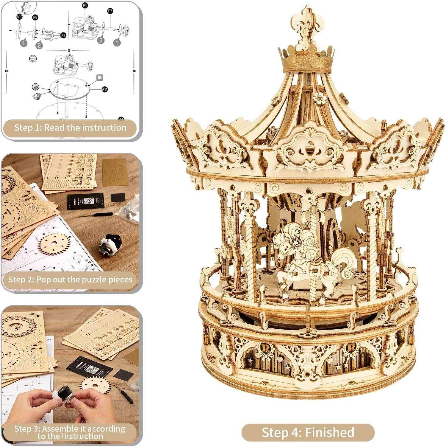 Robotime Rokr 3D Wooden Puzzle Music Box – DIY Carousel Kit - ZA-Zola