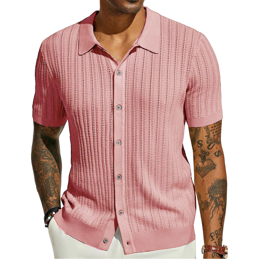 Man wearing a pink textured shirt with a white background