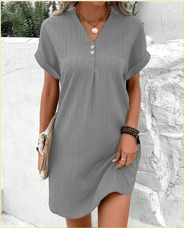 Women's V-Neck Button Strip Short Sleeve Casual Dress