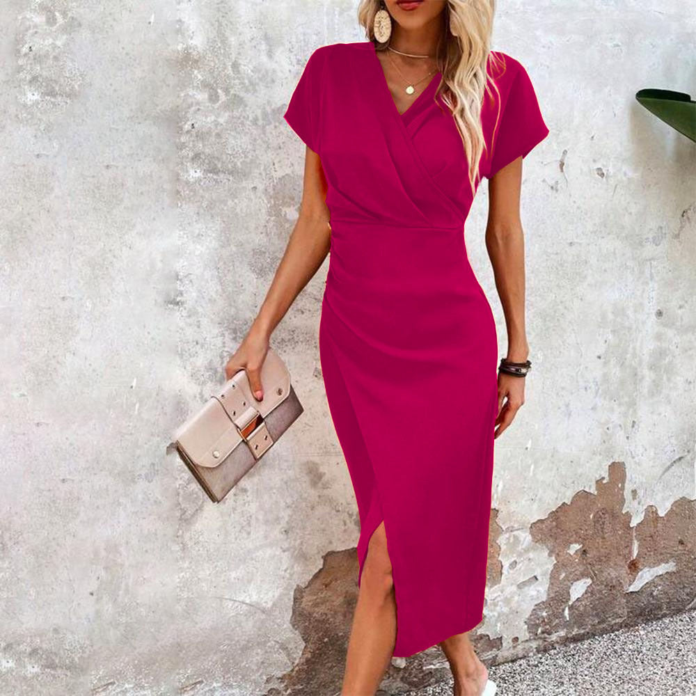 Women's Slim Fit Split V-Neck Short Sleeve Bodycon Dress
