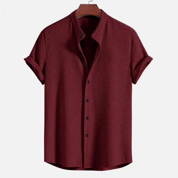 Men's textured short-sleeve burgundy shirt on hanger, ZA-Zola fashion apparel