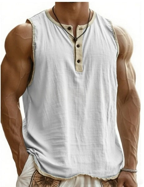 White sleeveless shirt with beige buttons on a white background