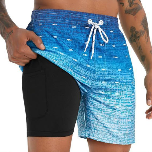 Men's Double-Layer Beach Shorts - 3D Digital Print Swim Trunks