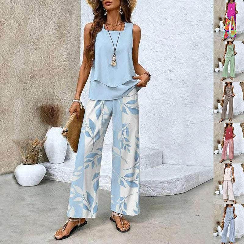 Woman wearing light blue sleeveless top and floral wide-leg pants, ZA-Zola fashion, summer outfit
