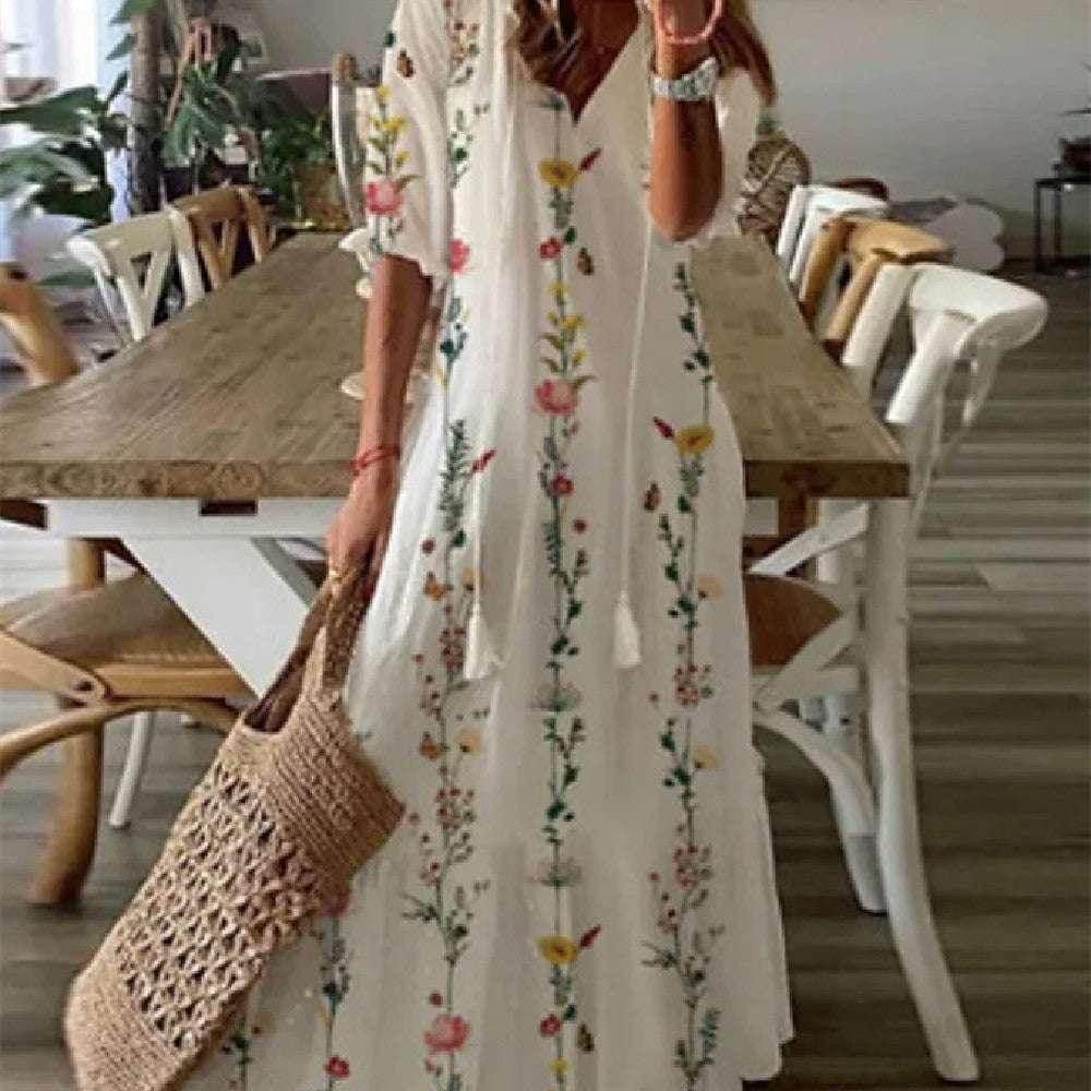 Floral V-Neck Long Dress – Elegant & Flowy Fit - ZA-Zola